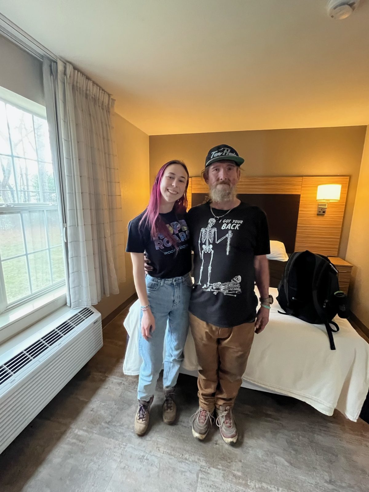 Harper, QT Outreach worker, and Donald, Forest Point Place Tenant